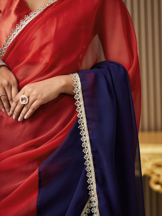 Navy Blue Chiffon Colourblocked Saree With Blouse Piece