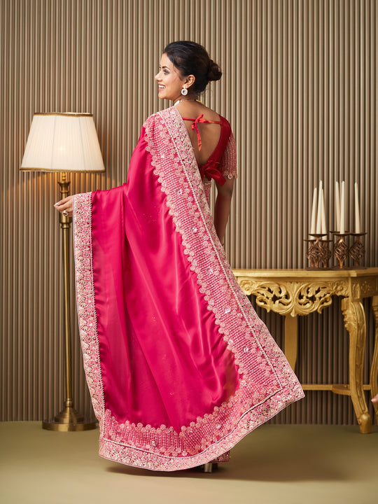 Red Satin Embroidered Saree With Blouse Piece