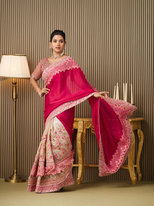 Red Satin Embroidered Saree With Blouse Piece