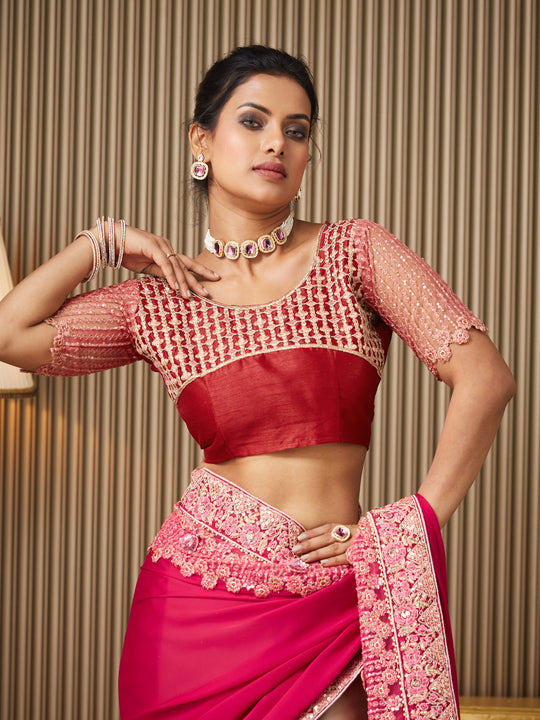 Red Satin Embroidered Saree With Blouse Piece