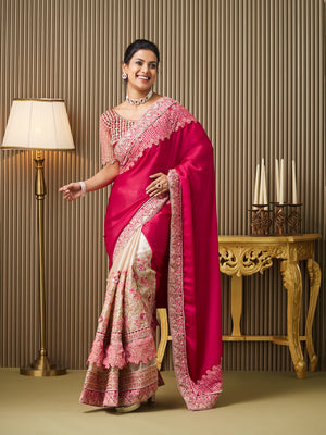 Red Satin Embroidered Saree With Blouse Piece