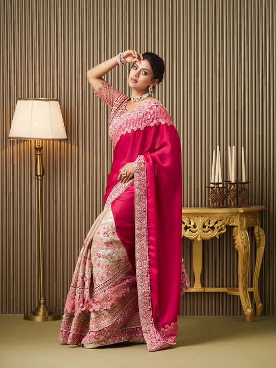 Red Satin Embroidered Saree With Blouse Piece