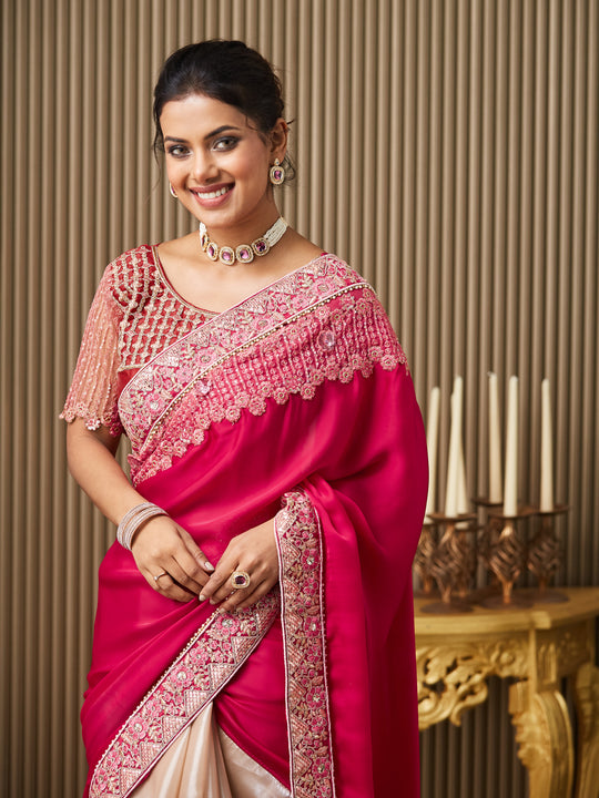 Red Satin Embroidered Saree With Blouse Piece