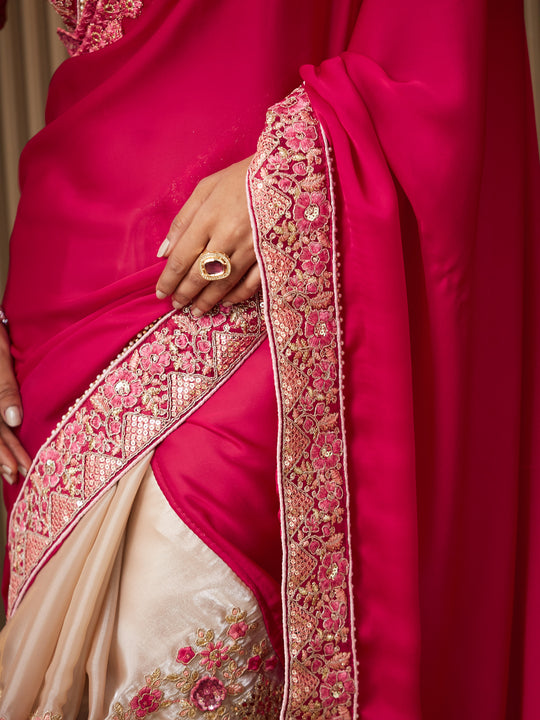 Red Satin Embroidered Saree With Blouse Piece