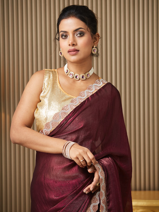 Maroon Chiffon Embellished Saree With Blouse Piece