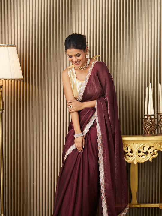 Maroon Chiffon Embellished Saree With Blouse Piece