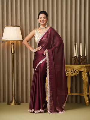 Maroon Chiffon Embellished Saree With Blouse Piece