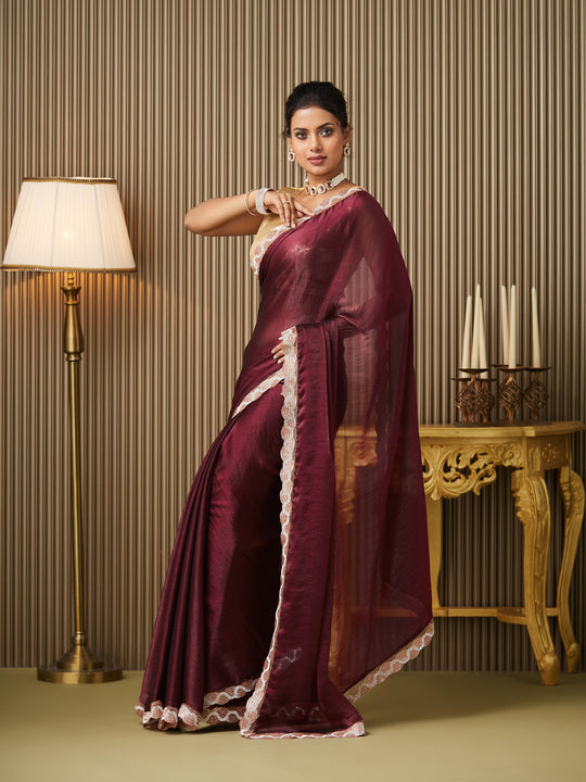Maroon Chiffon Embellished Saree With Blouse Piece