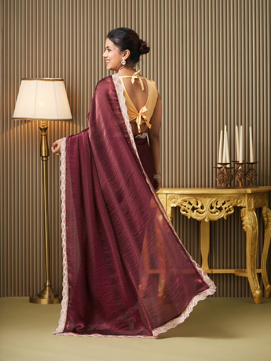 Maroon Chiffon Embellished Saree With Blouse Piece