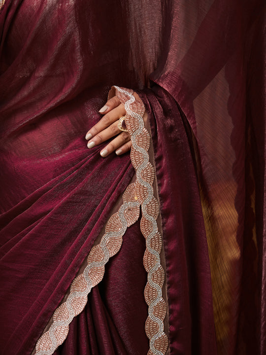 Maroon Chiffon Embellished Saree With Blouse Piece