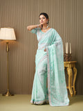 Turquoise Blue Organza Embroidered Saree With Blouse Piece