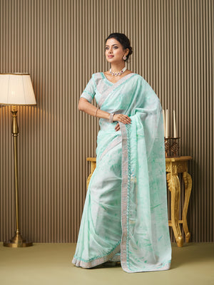 Turquoise Blue Organza Embroidered Saree With Blouse Piece