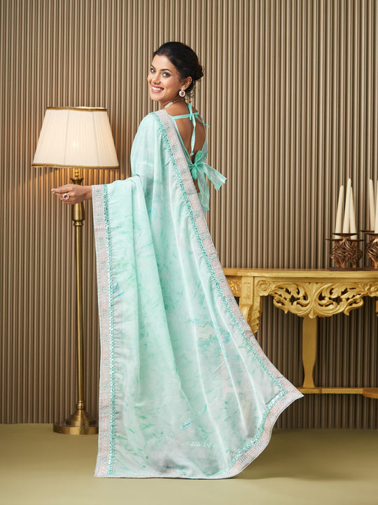 Turquoise Blue Organza Embroidered Saree With Blouse Piece