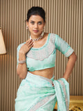 Turquoise Blue Organza Embroidered Saree With Blouse Piece