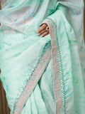 Turquoise Blue Organza Embroidered Saree With Blouse Piece