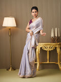 Lavender Satin Embroidered Saree With Blouse Piece