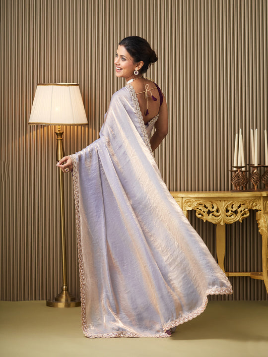 Lavender Satin Embroidered Saree With Blouse Piece