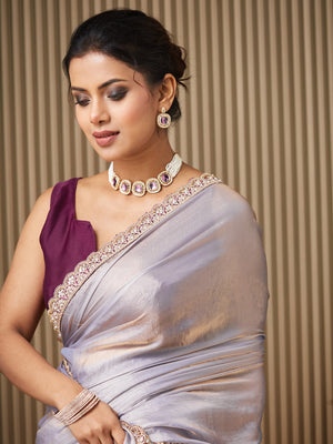 Lavender Satin Embroidered Saree With Blouse Piece