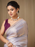 Lavender Satin Embroidered Saree With Blouse Piece