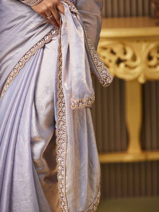 Lavender Satin Embroidered Saree With Blouse Piece