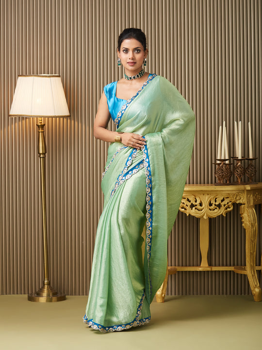 Green Chiffon Embroidered Saree With Blouse Piece