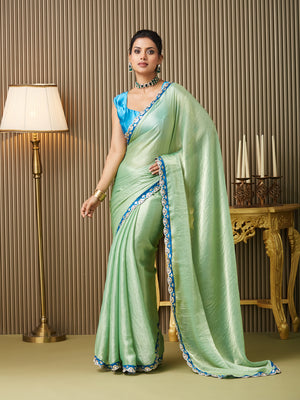 Green Chiffon Embroidered Saree With Blouse Piece