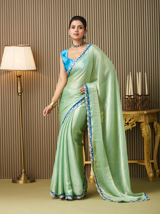 Green Chiffon Embroidered Saree With Blouse Piece