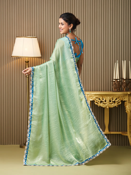 Green Chiffon Embroidered Saree With Blouse Piece