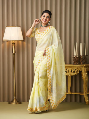 Yellow Organza Embroidered Saree With Blouse Piece