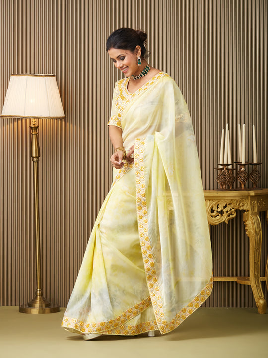Yellow Organza Embroidered Saree With Blouse Piece
