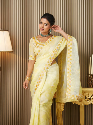 Yellow Organza Embroidered Saree With Blouse Piece