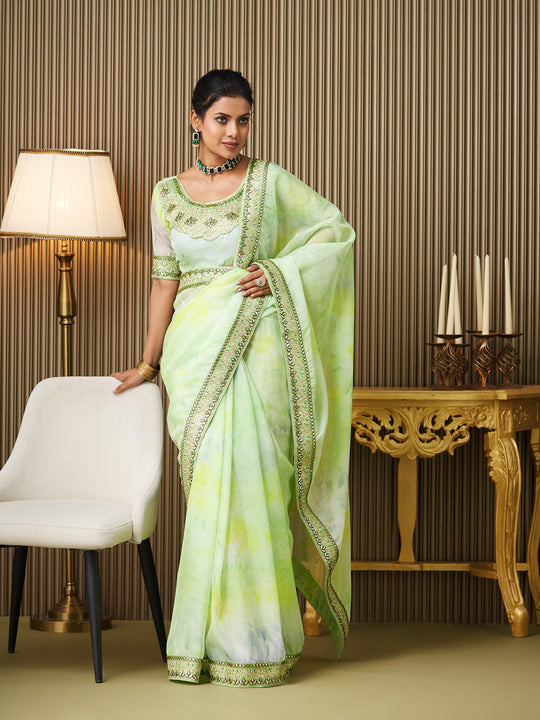 Green Organza Embroidered Saree With Blouse Piece