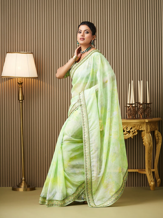 Green Organza Embroidered Saree With Blouse Piece