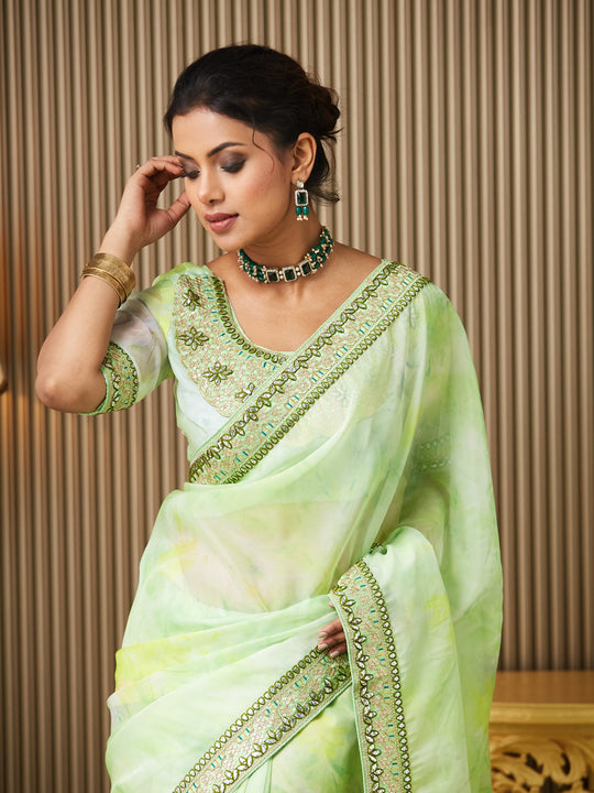 Green Organza Embroidered Saree With Blouse Piece