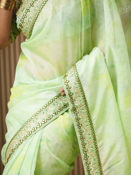 Green Organza Embroidered Saree With Blouse Piece