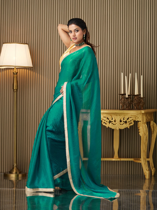 Green Chiffon Solid Saree With Blouse Piece