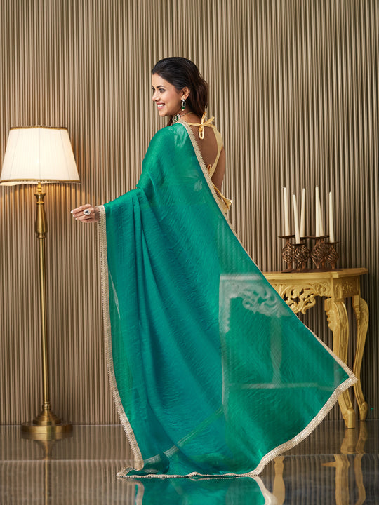 Green Chiffon Solid Saree With Blouse Piece