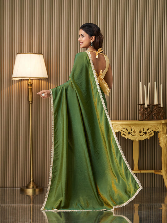 Green silk Embellished Saree With Blouse Piece