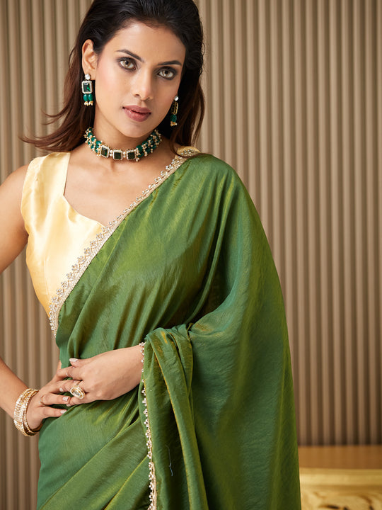 Green silk Embellished Saree With Blouse Piece