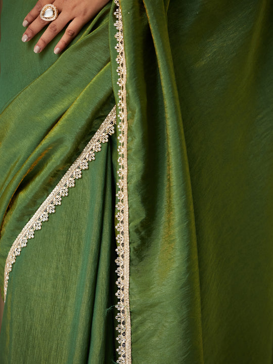 Green silk Embellished Saree With Blouse Piece