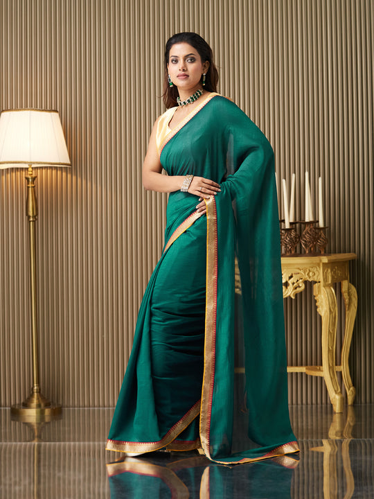 Green silk Solid Saree With Blouse Piece