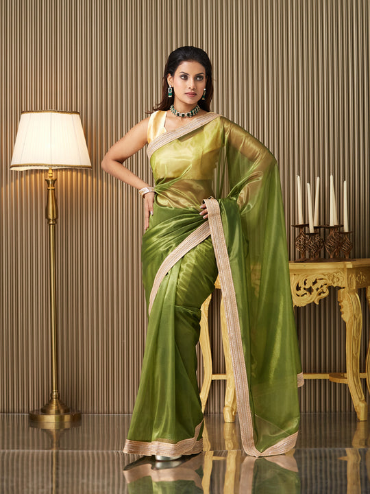 Green Net Embellished Saree With Blouse Piece
