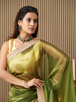 Green Net Embellished Saree With Blouse Piece
