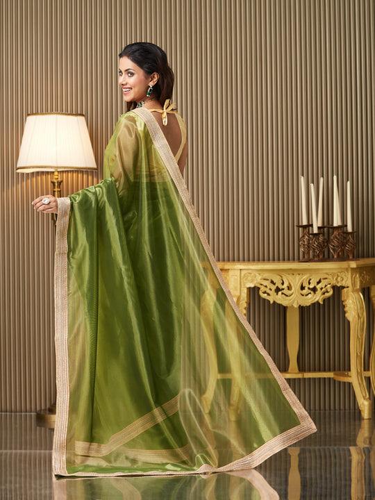 Green Net Embellished Saree With Blouse Piece