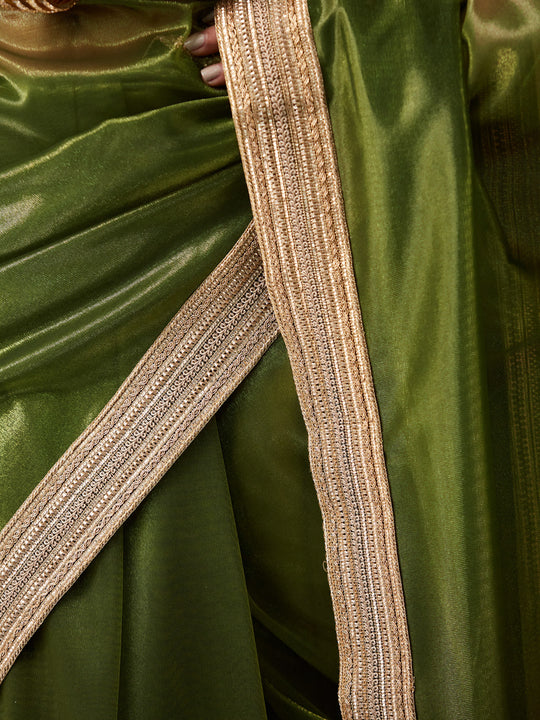 Green Net Embellished Saree With Blouse Piece