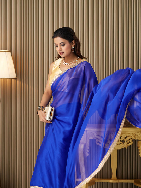Blue Satin Solid Saree With Blouse Piece
