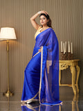 Blue Satin Solid Saree With Blouse Piece