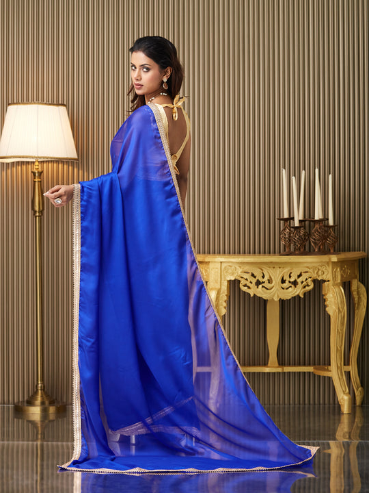 Blue Satin Solid Saree With Blouse Piece
