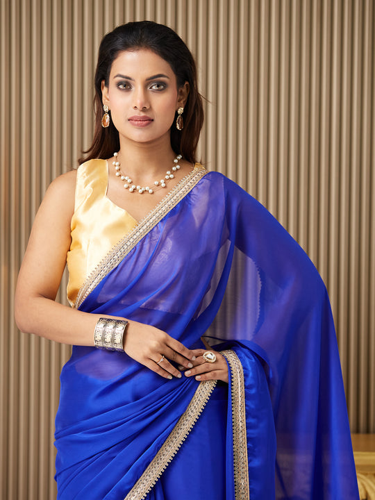 Blue Satin Solid Saree With Blouse Piece