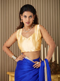 Blue Satin Solid Saree With Blouse Piece